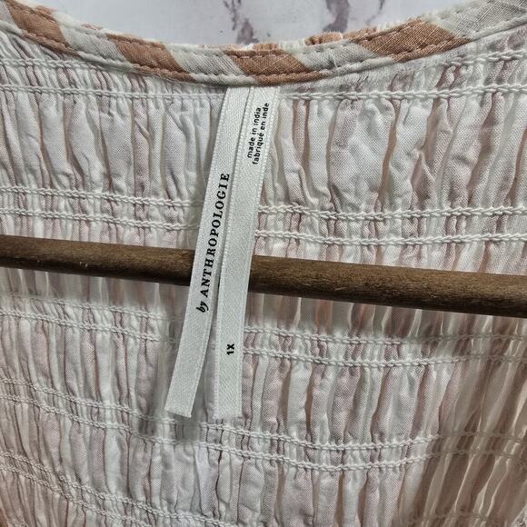 By Anthropologie Dress Womens 1X Pink White Stripe Smocked Midi Flutter - Picture 3 of 12